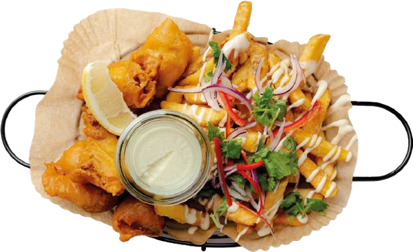 Fish & Chips im Körbchen mit Remoulade